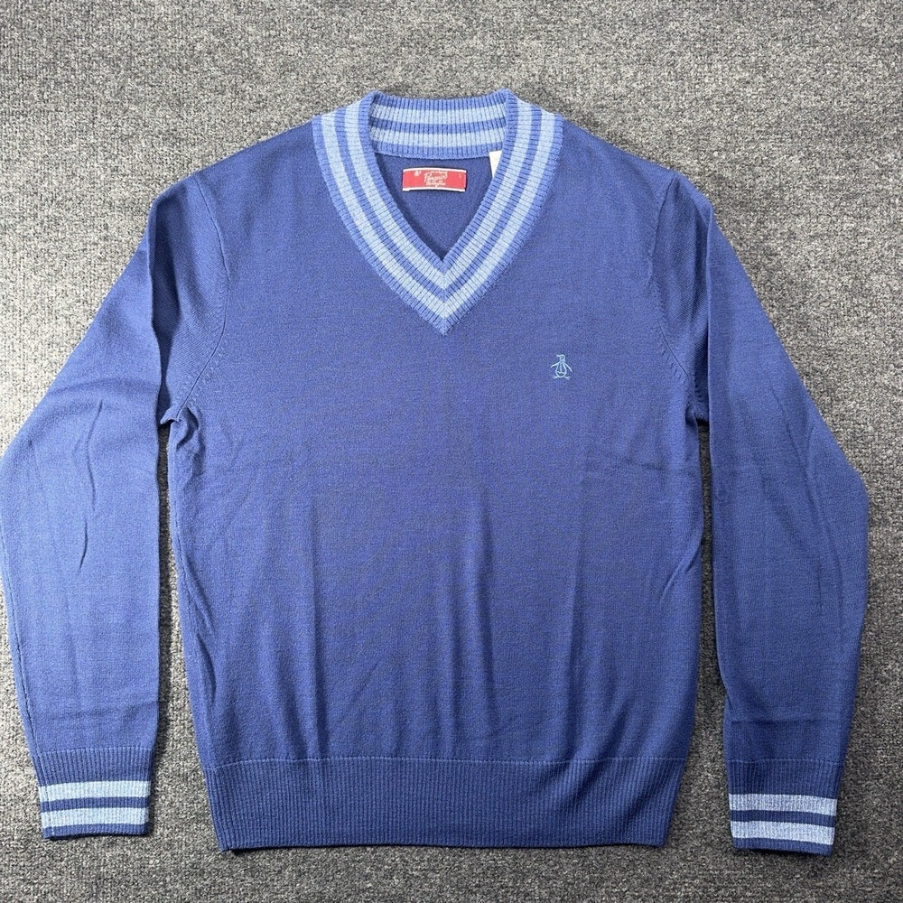 Original Penguin Men's Extra Fine Merino Wool Sweater Blue V Neck Size L EUC